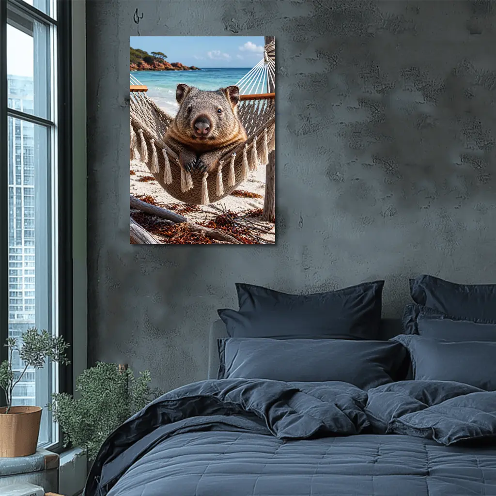Wombat Relaxing in Hammock Beach Scene – Wall Art
