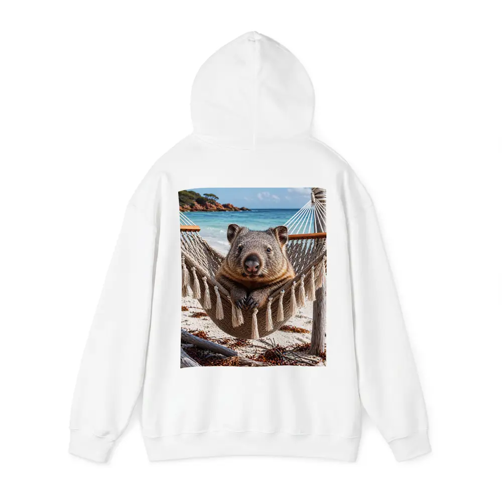Wombat Relaxing in Hammock Beach Scene – Hoodies