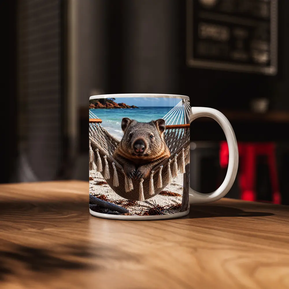 Wombat Relaxing in Hammock Beach Scene – Mugs