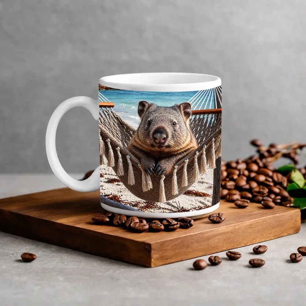 Wombat Relaxing in Hammock Beach Scene – Mugs