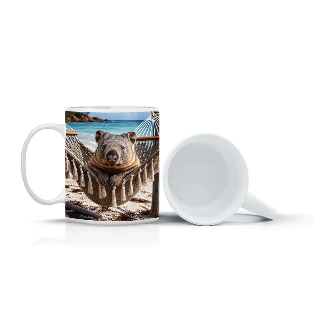 Wombat Relaxing in Hammock Beach Scene – Mugs