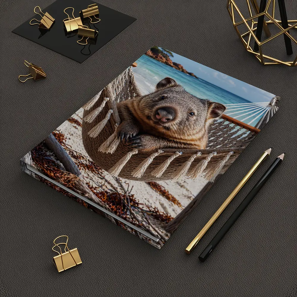 Wombat Relaxing in Hammock Beach Scene – Notebooks