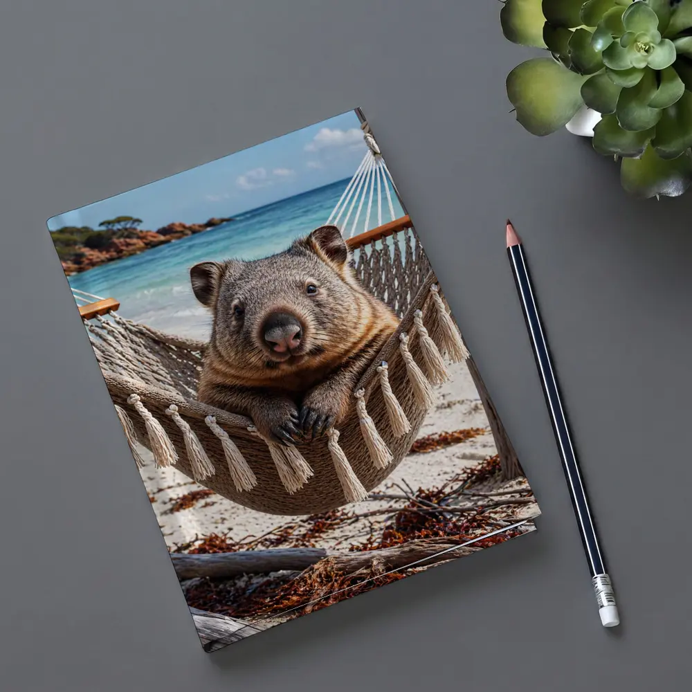 Wombat Relaxing in Hammock Beach Scene – Notebooks