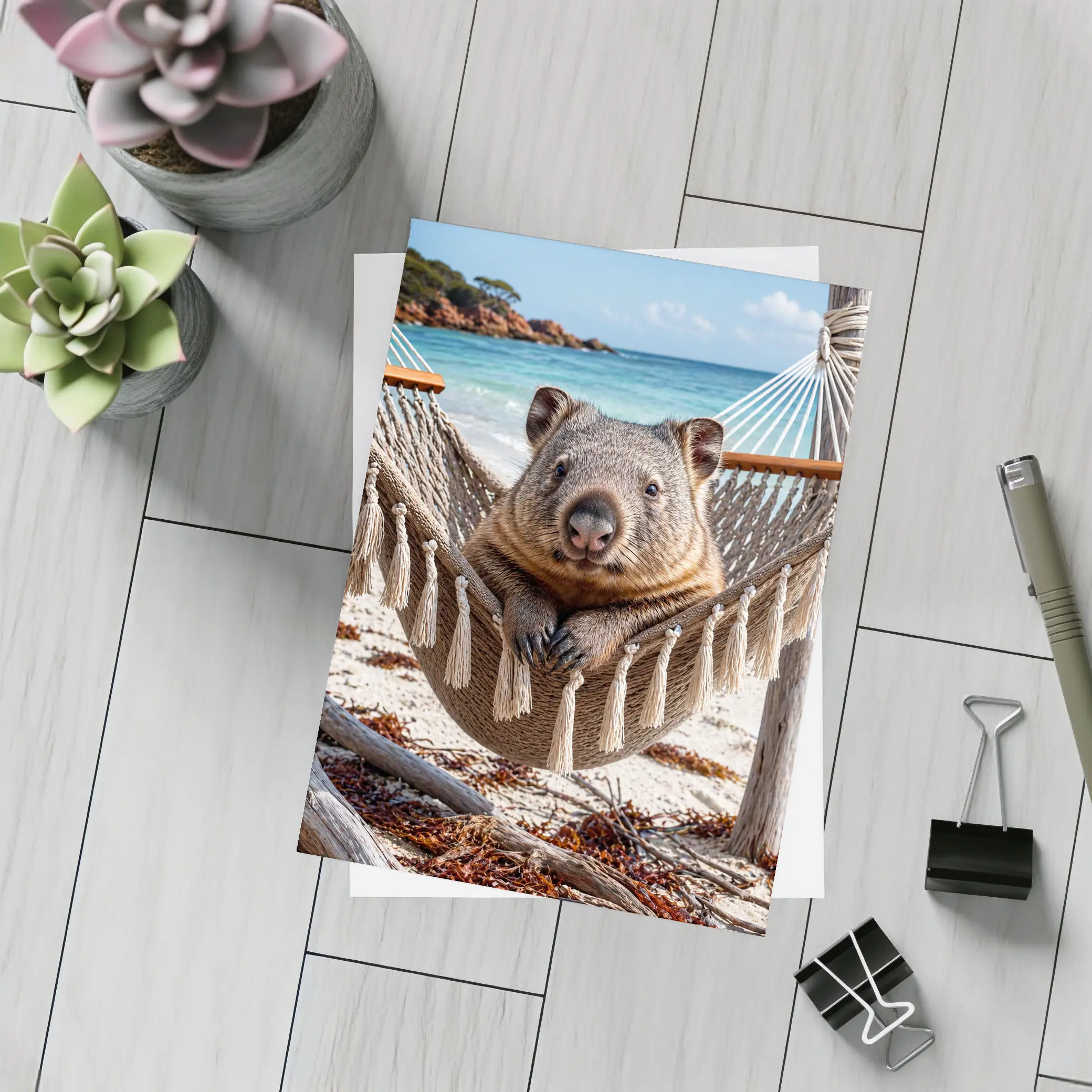 Wombat Relaxing in Hammock Beach Scene – Postcards