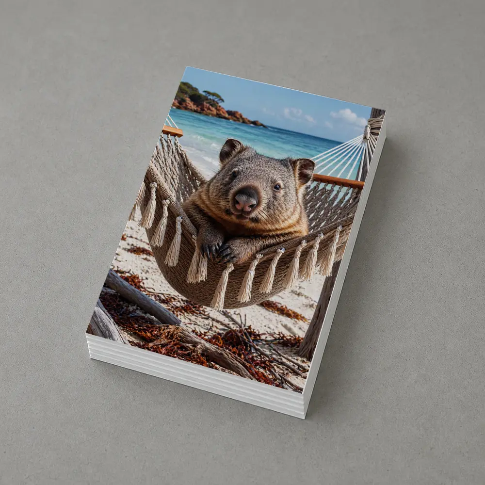 Wombat Relaxing in Hammock Beach Scene – Postcards