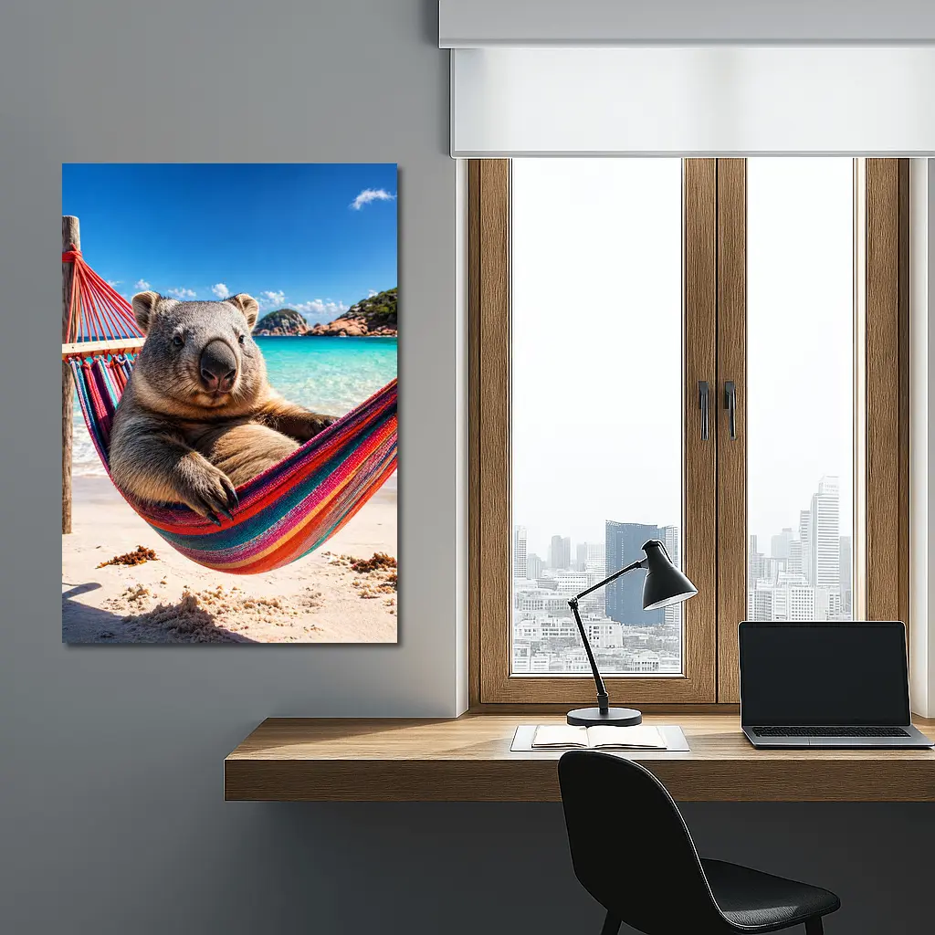Wombat Relaxing in Hammock Beach Scene – Wall Art