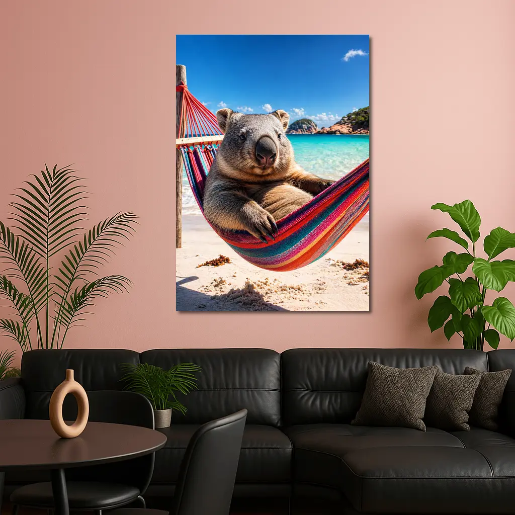 Wombat Relaxing in Hammock Beach Scene – Wall Art