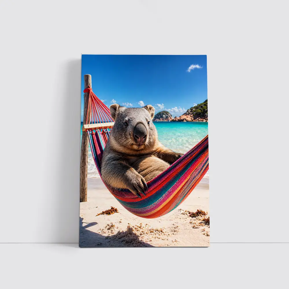 Wombat Relaxing in Hammock Beach Scene – Wall Art