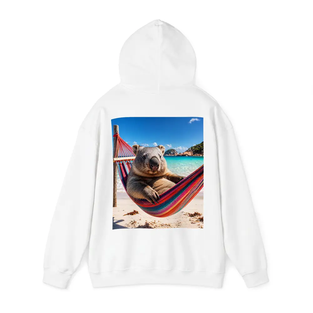 Wombat Relaxing in Hammock Beach Scene – Hoodies