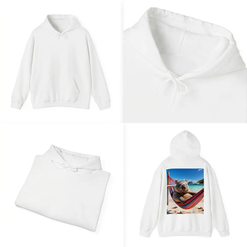 Wombat Relaxing in Hammock Beach Scene – Hoodies