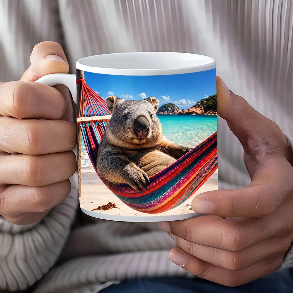 Wombat Relaxing in Hammock Beach Scene – Mugs