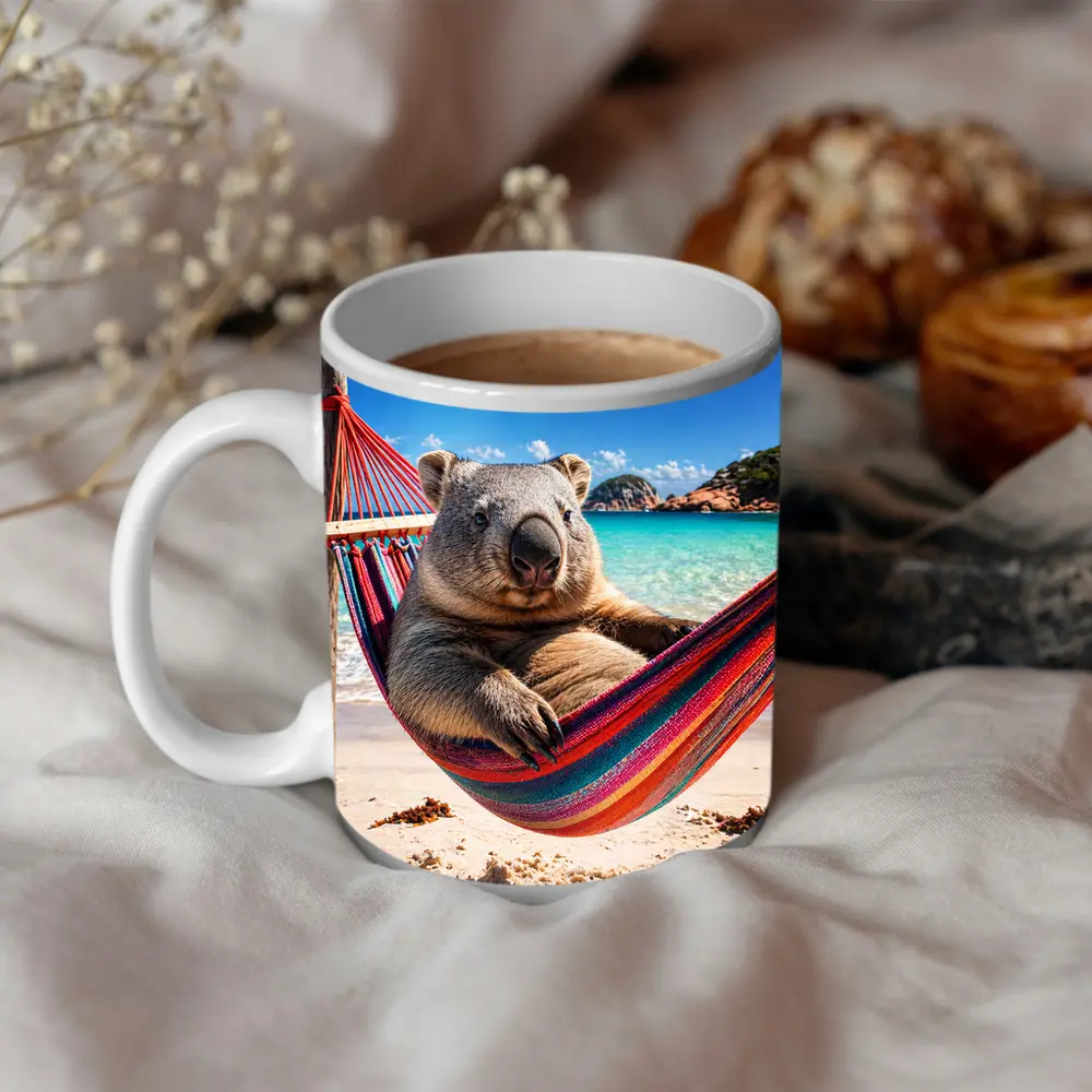Wombat Relaxing in Hammock Beach Scene – Mugs