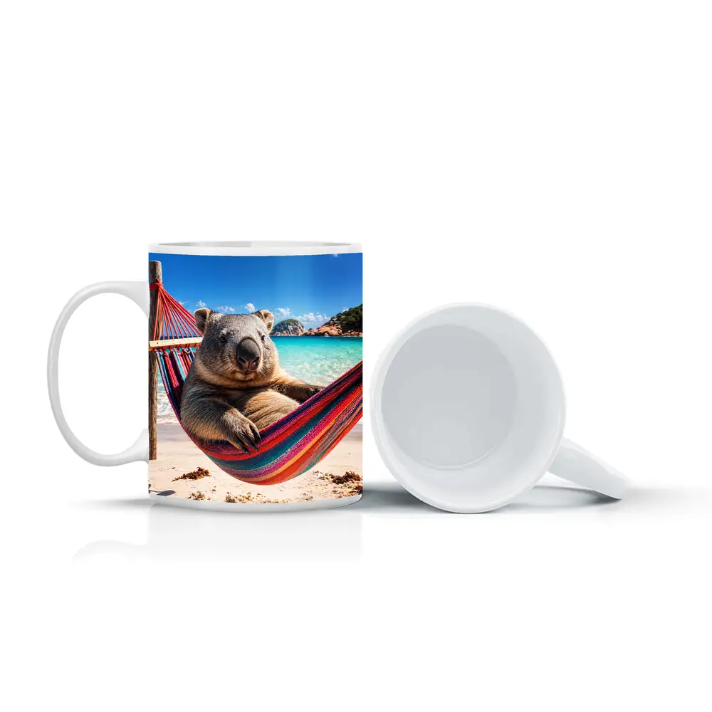 Wombat Relaxing in Hammock Beach Scene – Mugs