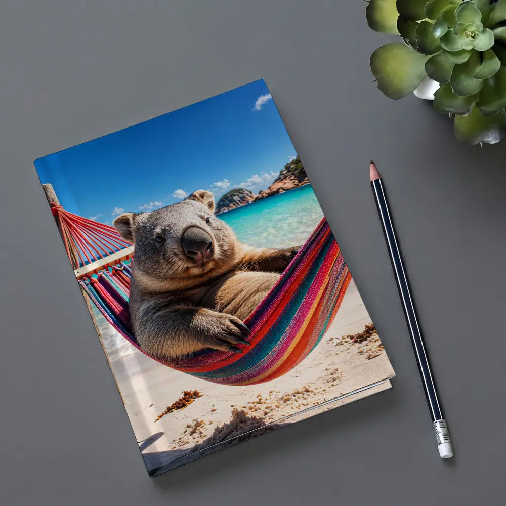 Wombat Relaxing in Hammock Beach Scene – Notebooks