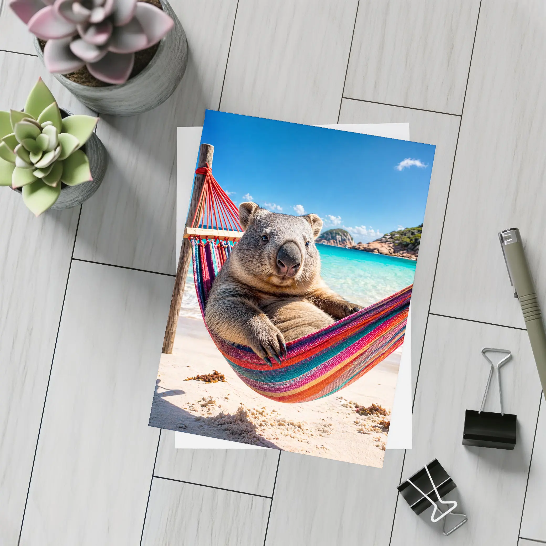 Wombat Relaxing in Hammock Beach Scene – Postcards