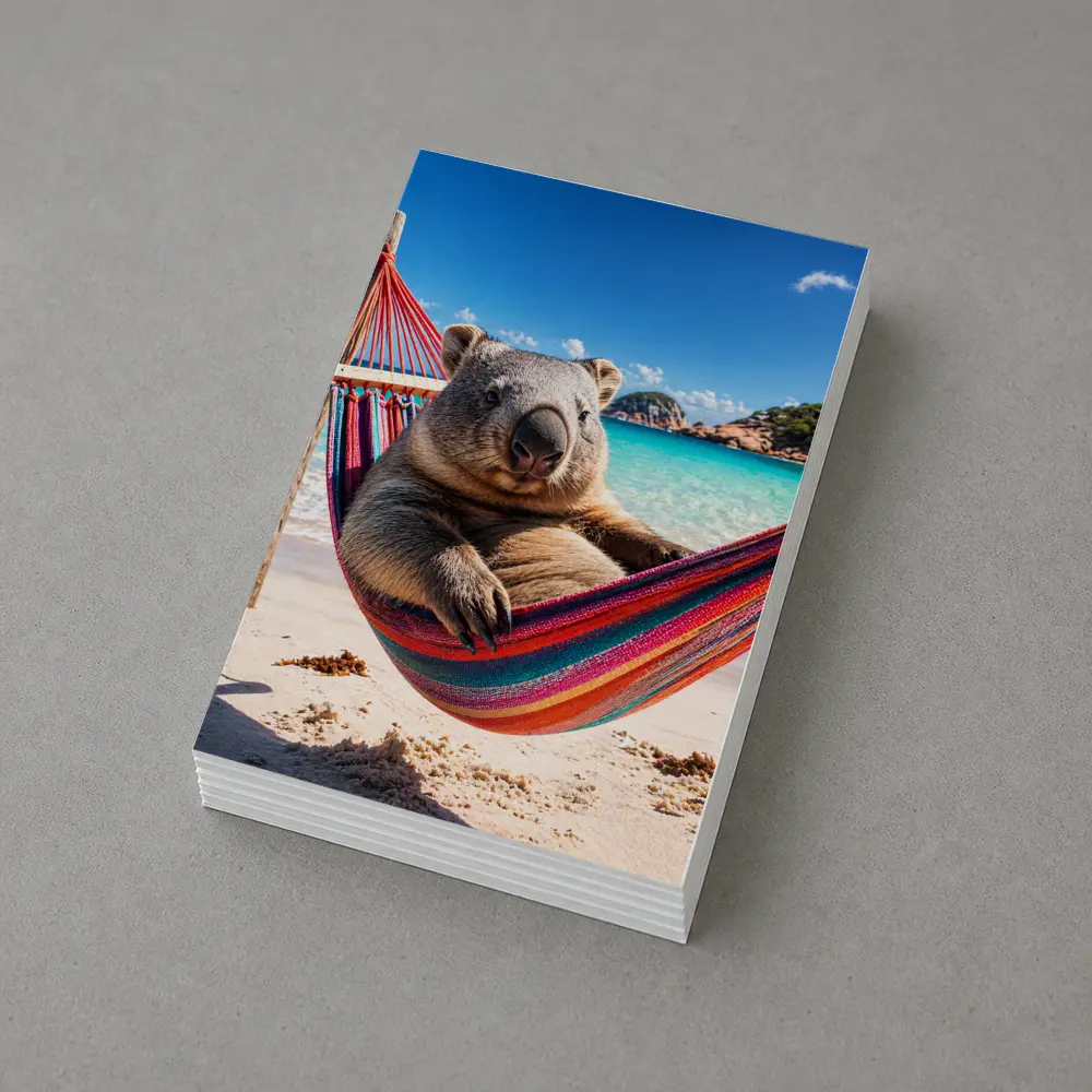 Wombat Relaxing in Hammock Beach Scene – Postcards