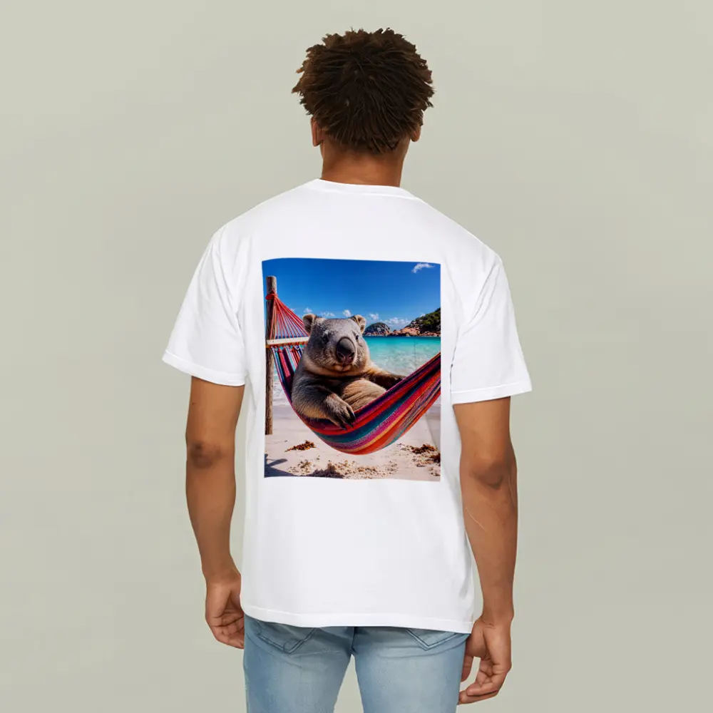 Wombat Relaxing in Hammock Beach Scene – T-Shirts