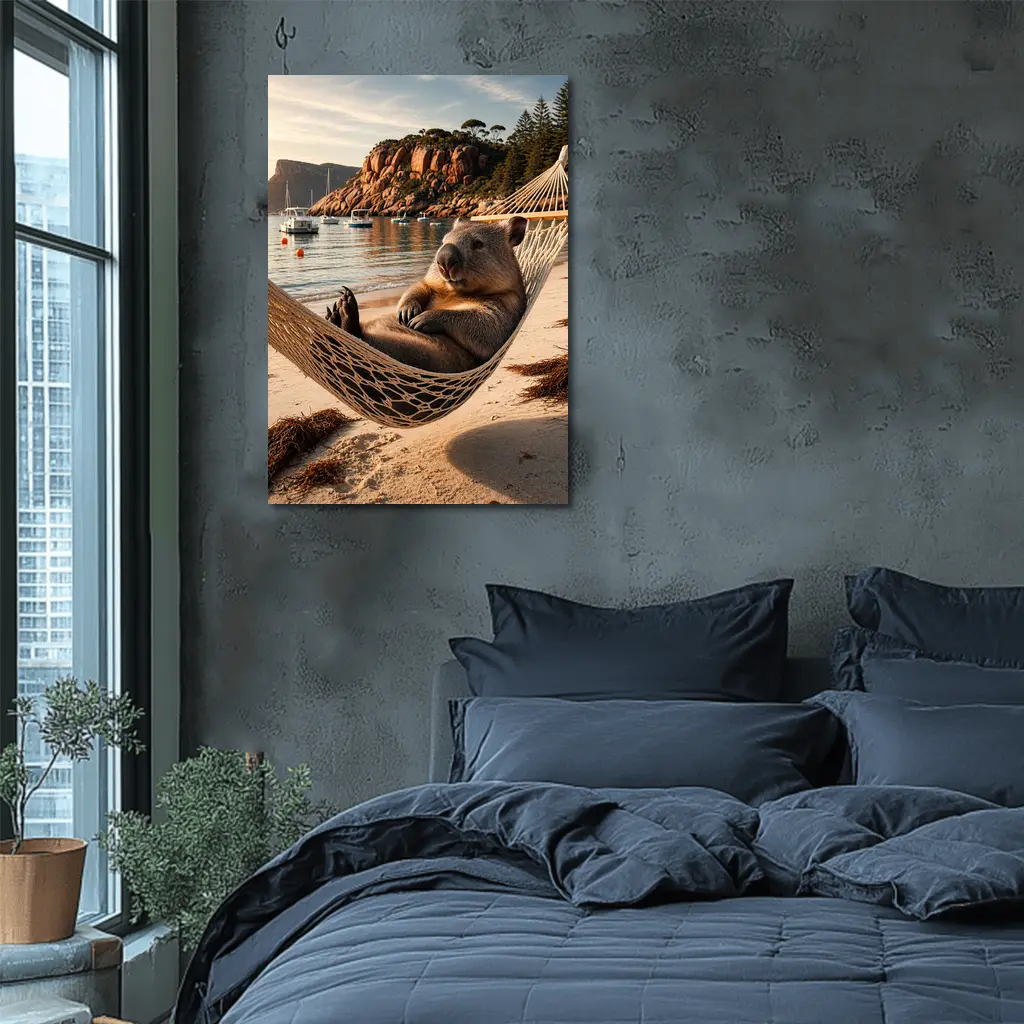 Wombat Relaxing in Hammock Beach Scene – Wall Art