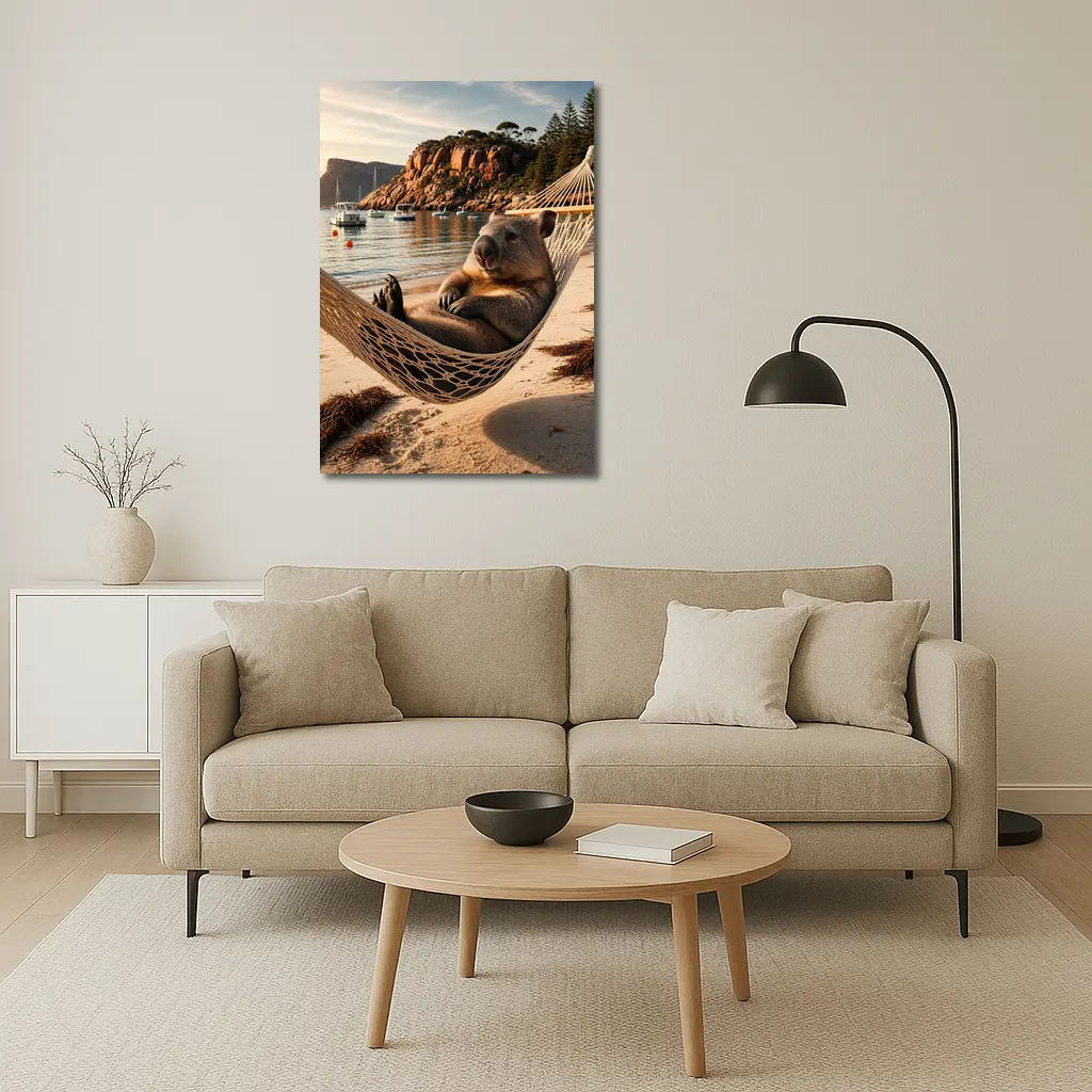 Wombat Relaxing in Hammock Beach Scene – Wall Art