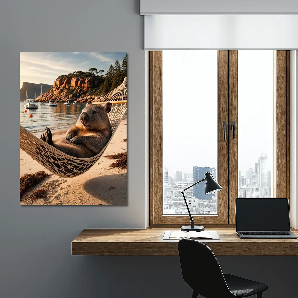 Wombat Relaxing in Hammock Beach Scene – Wall Art