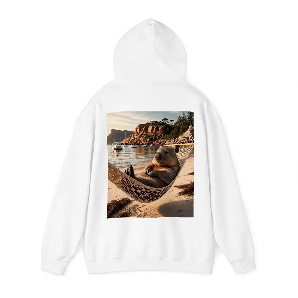 Wombat Relaxing in Hammock Beach Scene – Hoodies