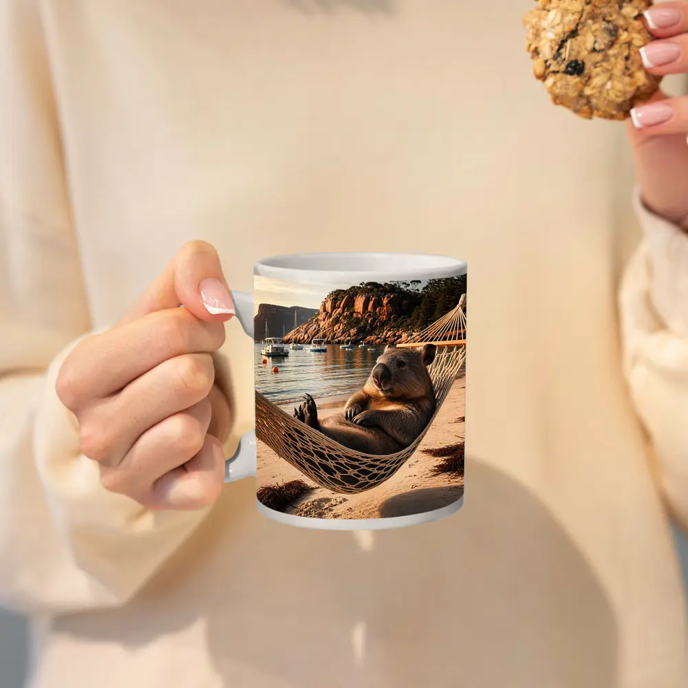 Wombat Relaxing in Hammock Beach Scene – Mugs