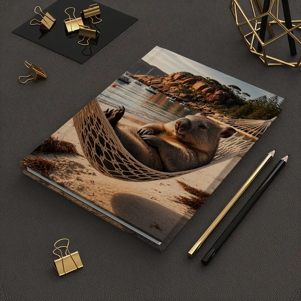 Wombat Relaxing in Hammock Beach Scene – Notebooks