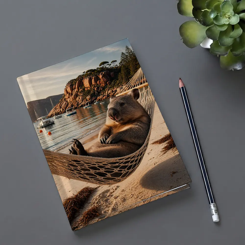Wombat Relaxing in Hammock Beach Scene – Notebooks