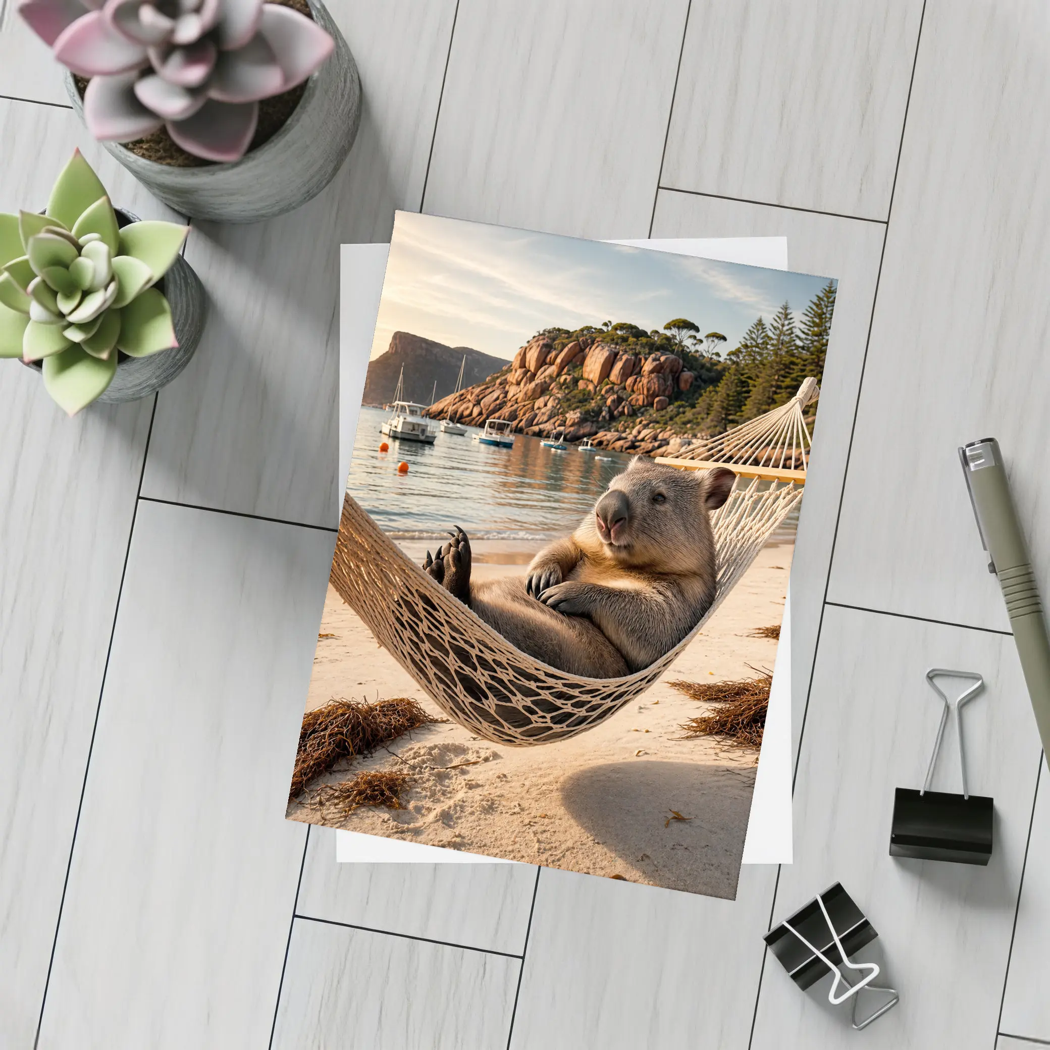 Wombat Relaxing in Hammock Beach Scene – Postcards