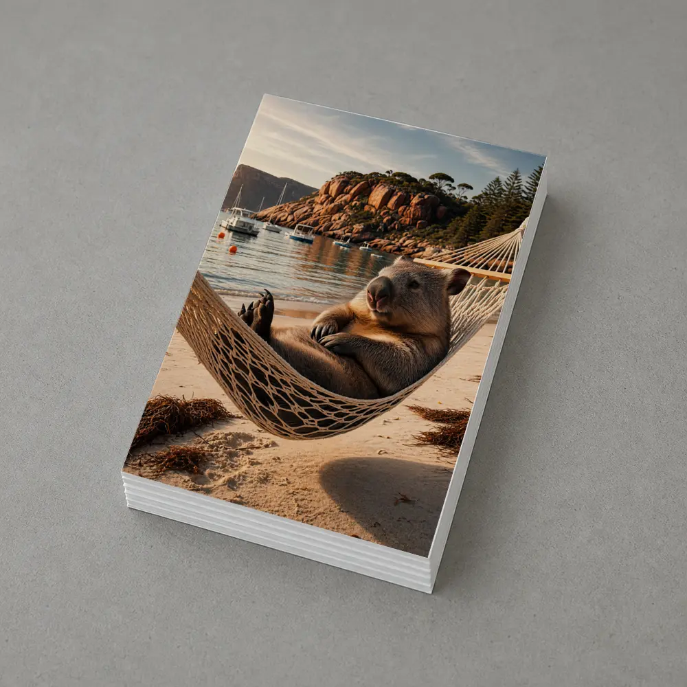 Wombat Relaxing in Hammock Beach Scene – Postcards