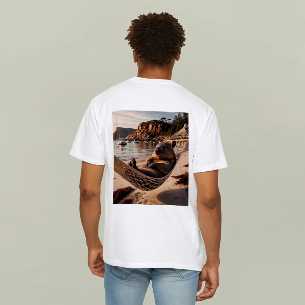 Wombat Relaxing in Hammock Beach Scene – T-Shirts