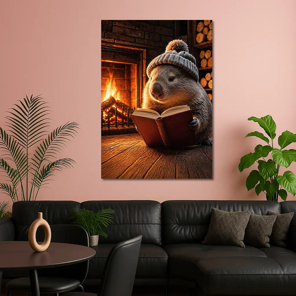 Wombat Reading Book By Cozy Fireplace – Wall Art