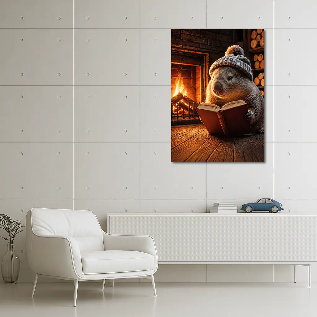 Wombat Reading Book By Cozy Fireplace – Wall Art