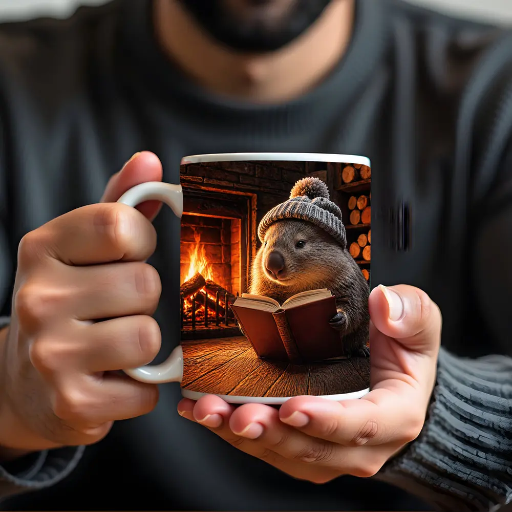 Wombat Reading Book By Cozy Fireplace – Mugs