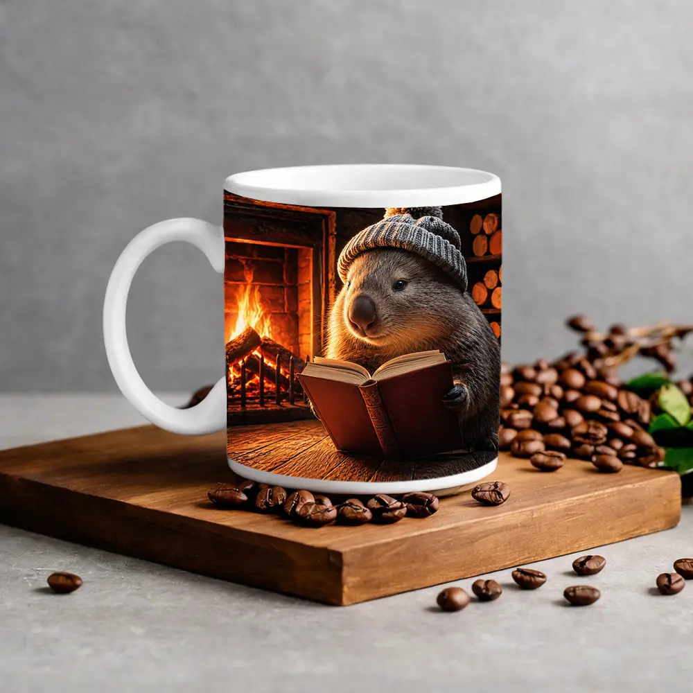 Wombat Reading Book By Cozy Fireplace – Mugs