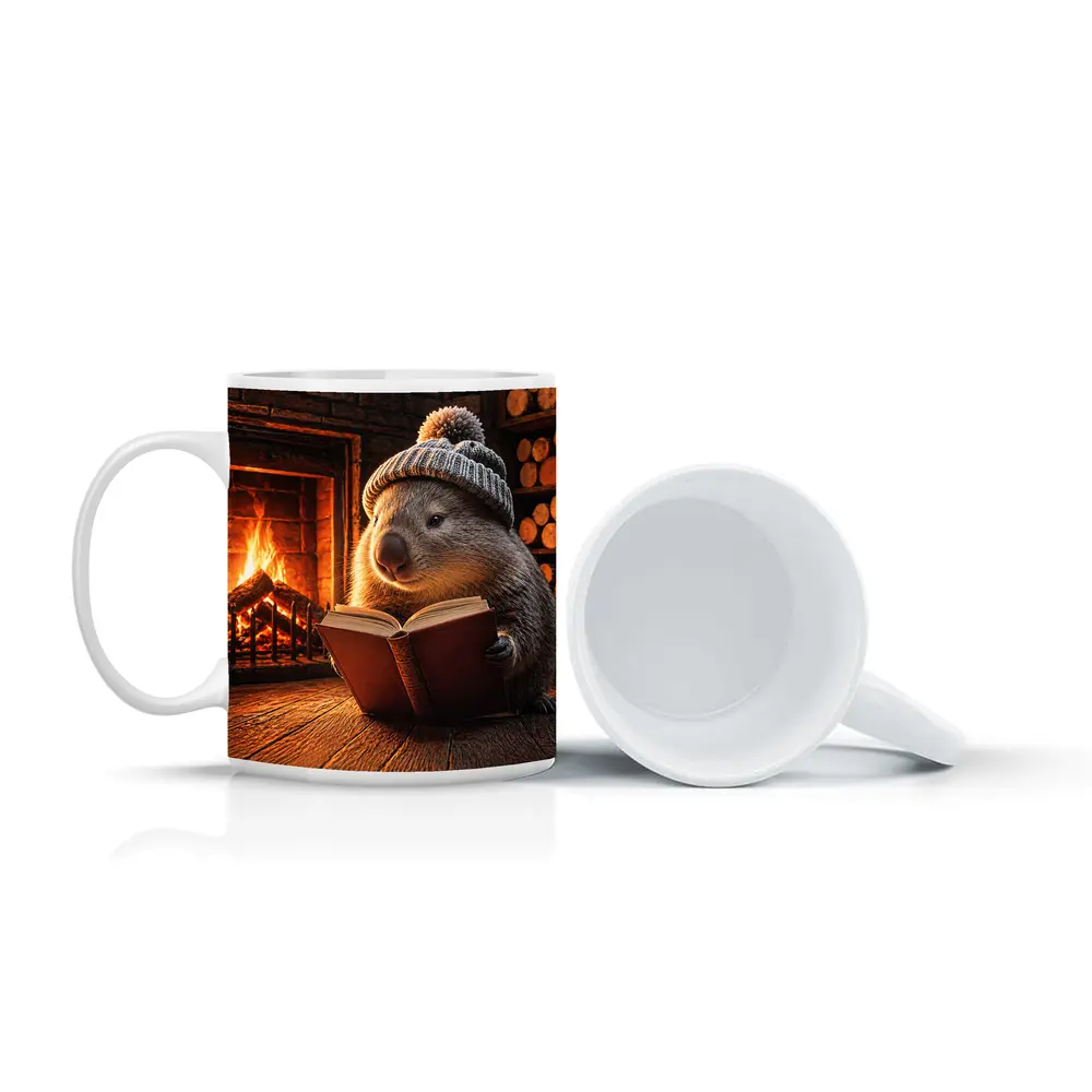 Wombat Reading Book By Cozy Fireplace – Mugs