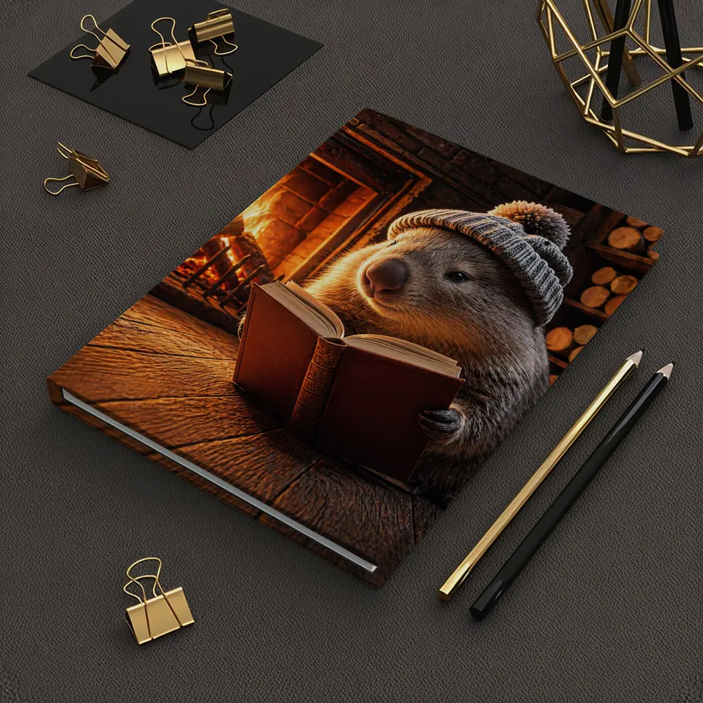 Wombat Reading Book By Cozy Fireplace – Notebooks