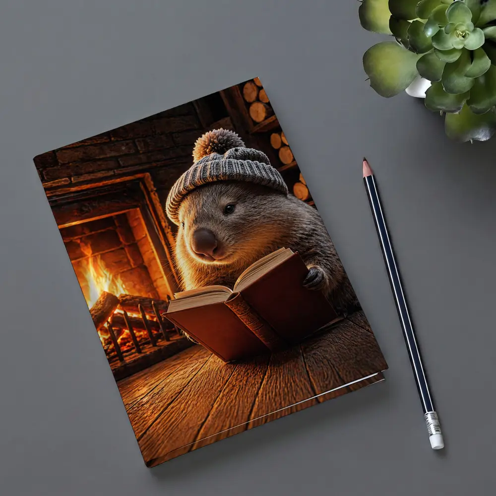 Wombat Reading Book By Cozy Fireplace – Notebooks