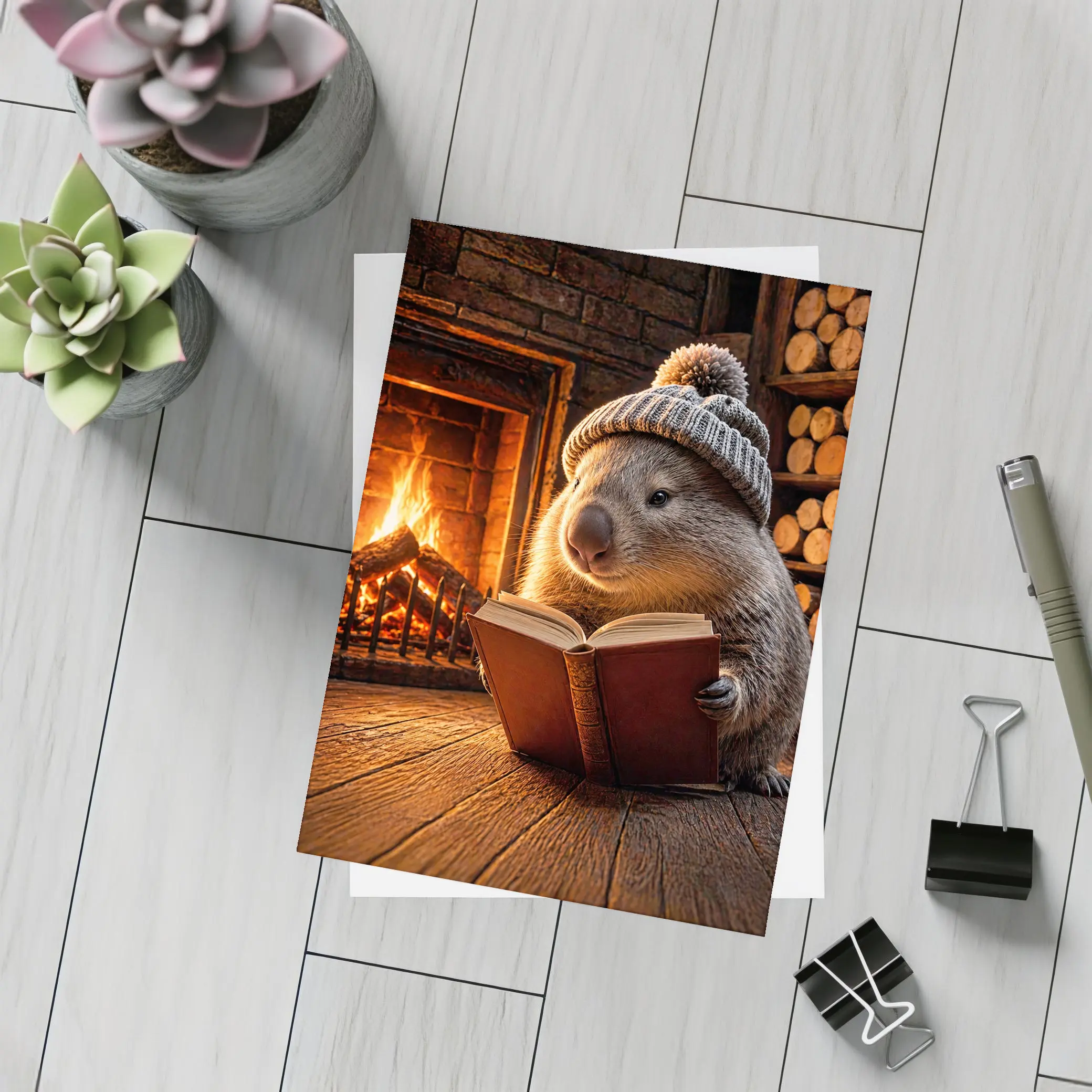 Wombat Reading Book By Cozy Fireplace – Postcards