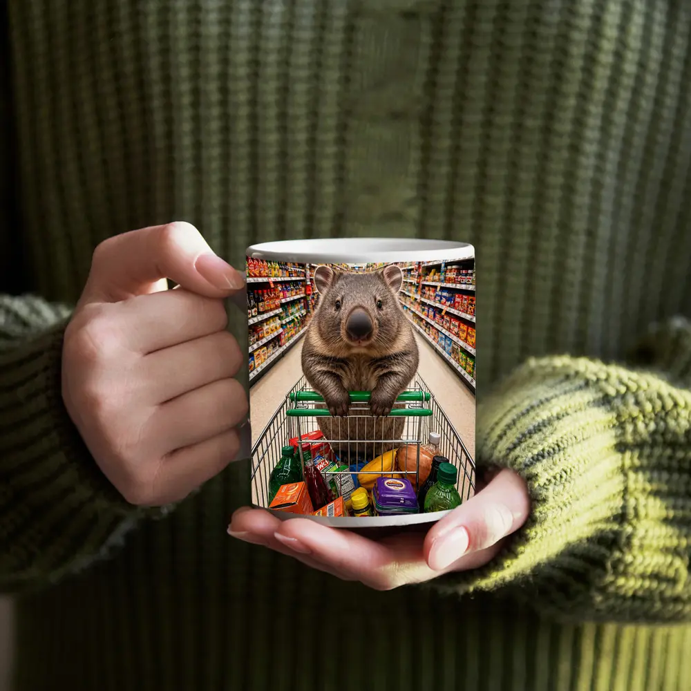 Wombat Riding Shopping Cart In Supermarket – Mugs