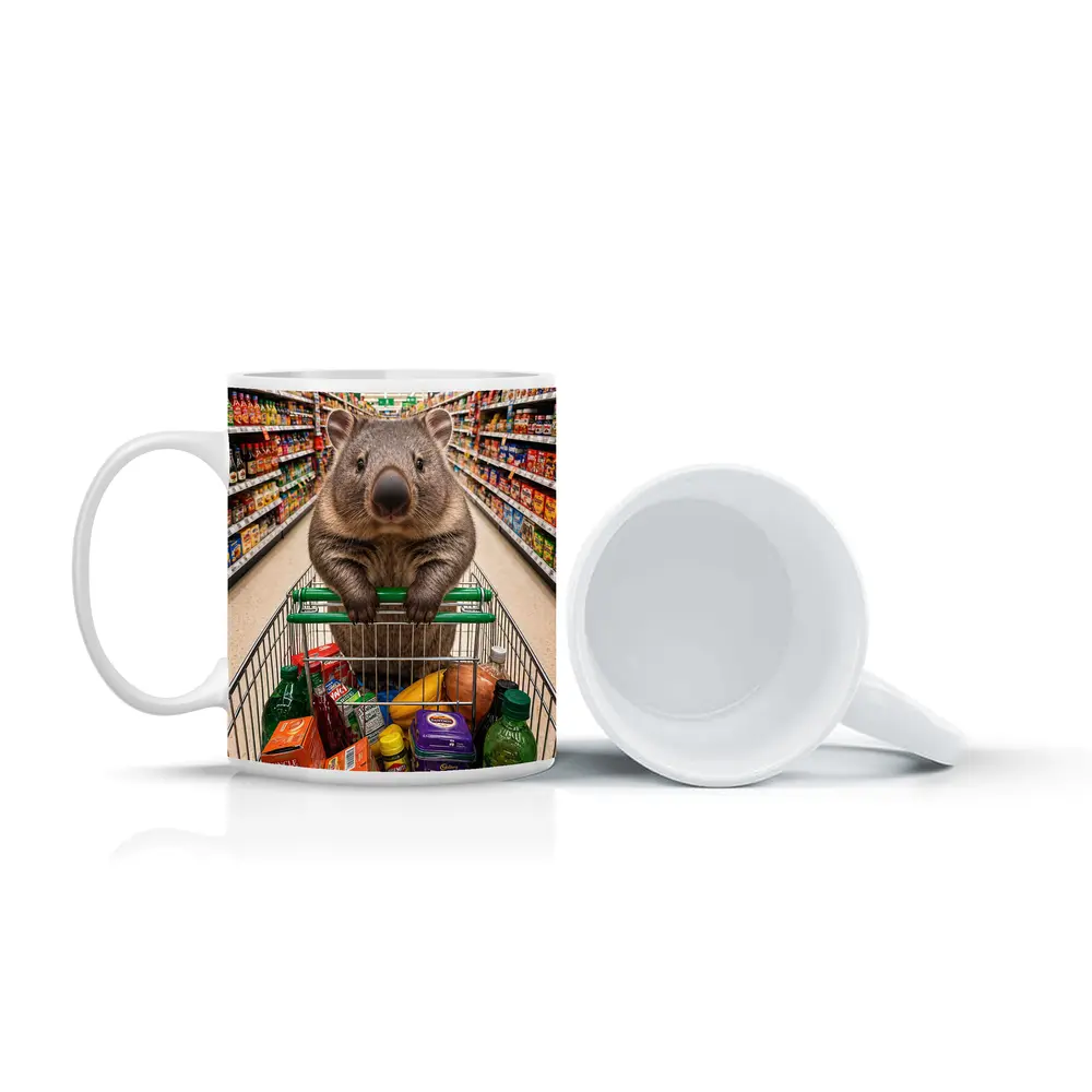 Wombat Riding Shopping Cart In Supermarket – Mugs