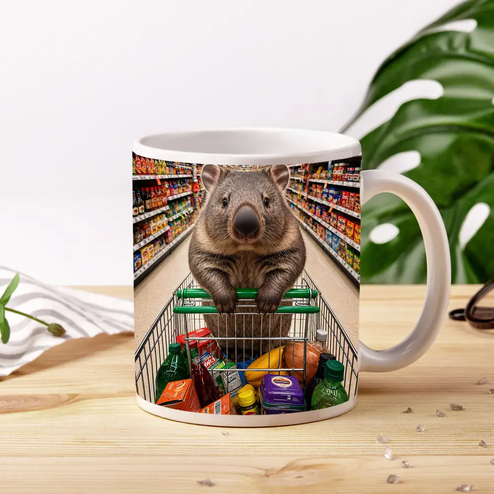 Wombat Riding Shopping Cart In Supermarket – Mugs