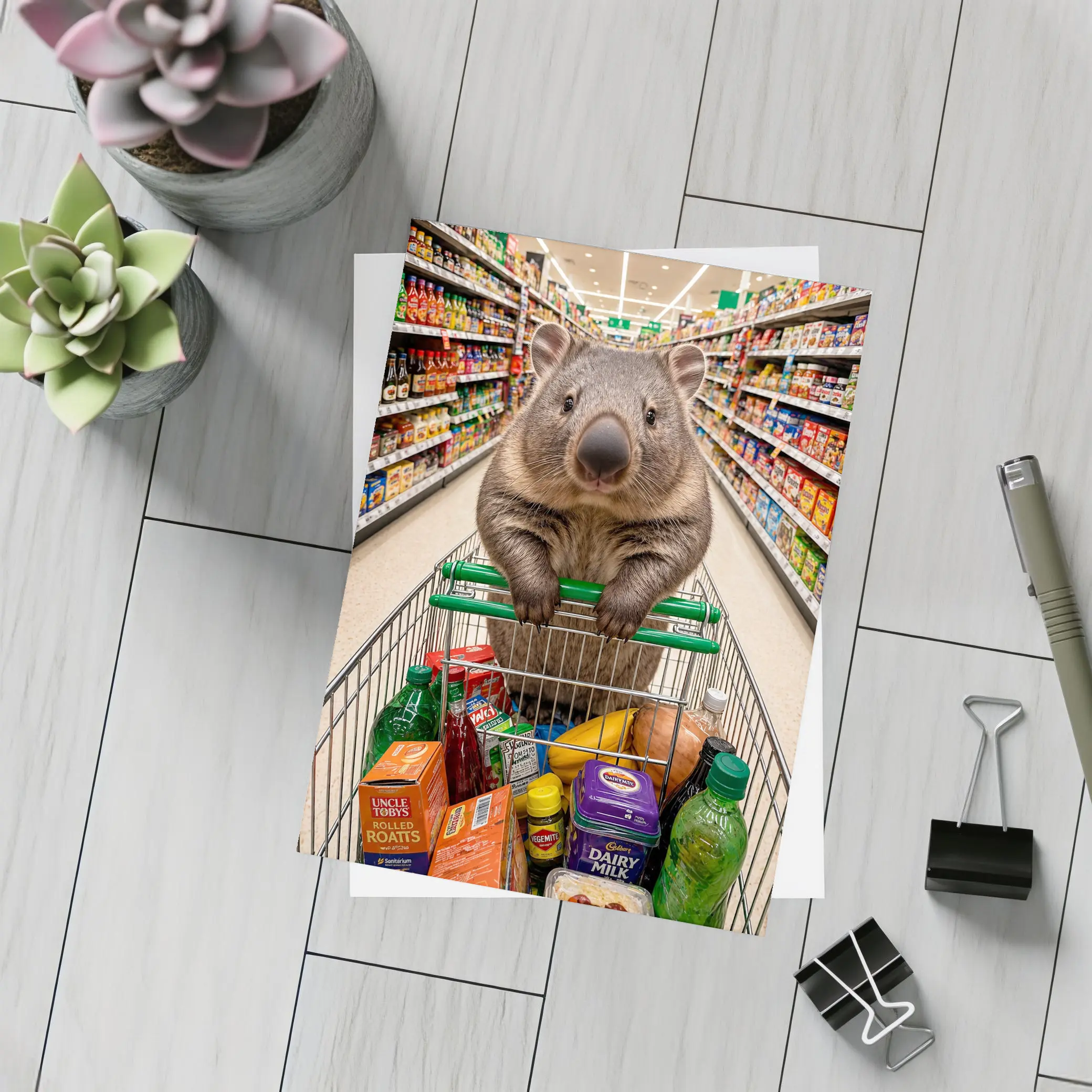 Wombat Riding Shopping Cart In Supermarket – Postcards