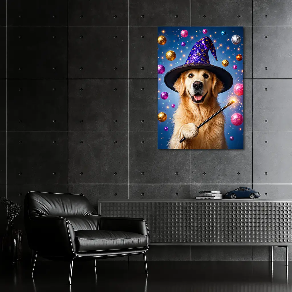 Golden Retriever Wizard Hat Magic Wand Blue – Wall Art