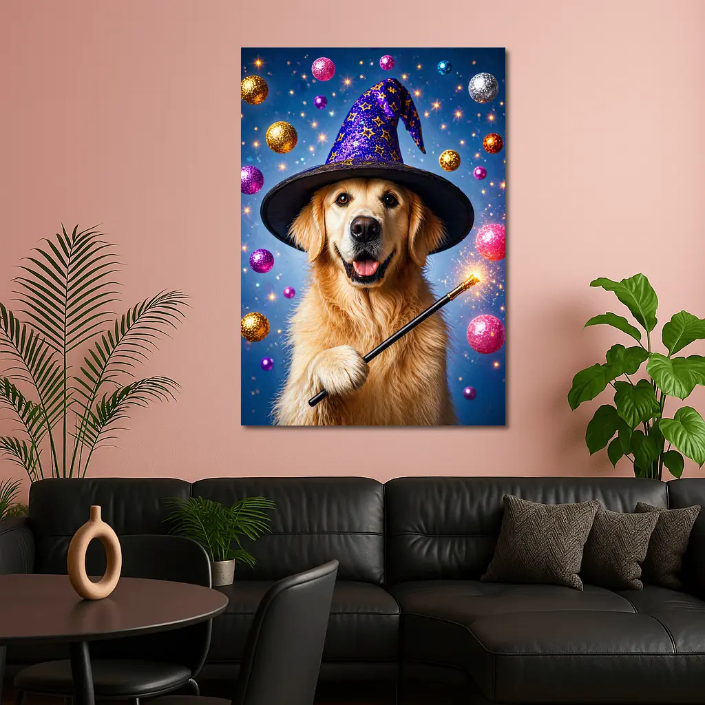 Golden Retriever Wizard Hat Magic Wand Blue – Wall Art