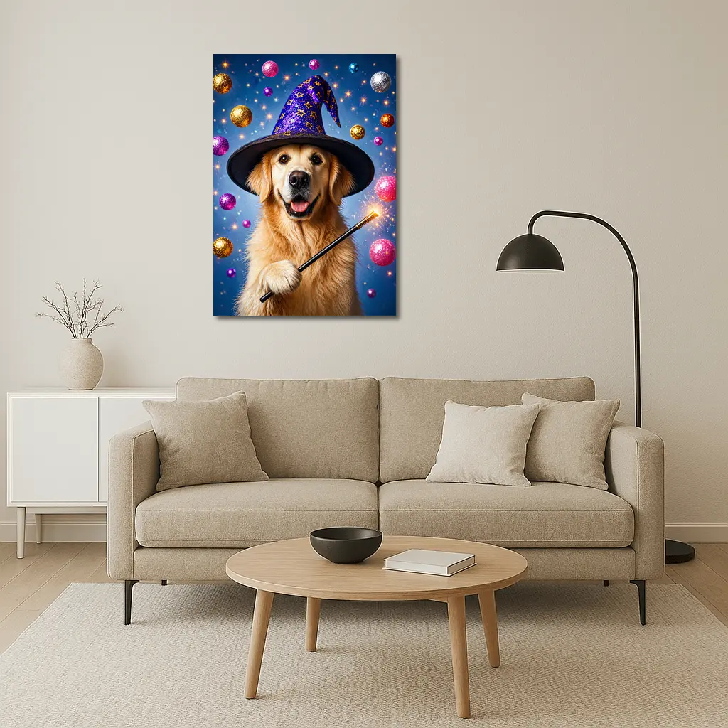 Golden Retriever Wizard Hat Magic Wand Blue – Wall Art