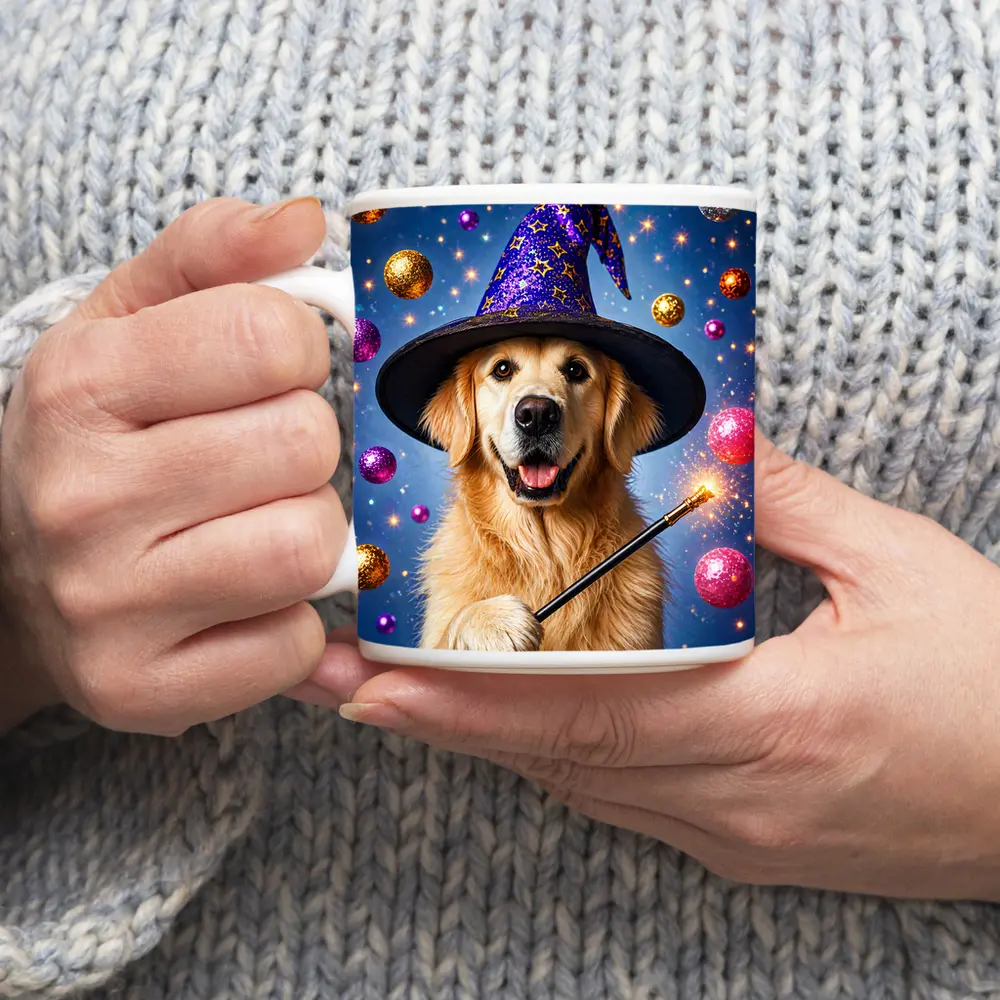 Golden Retriever Wizard Hat Magic Wand Blue – Mugs