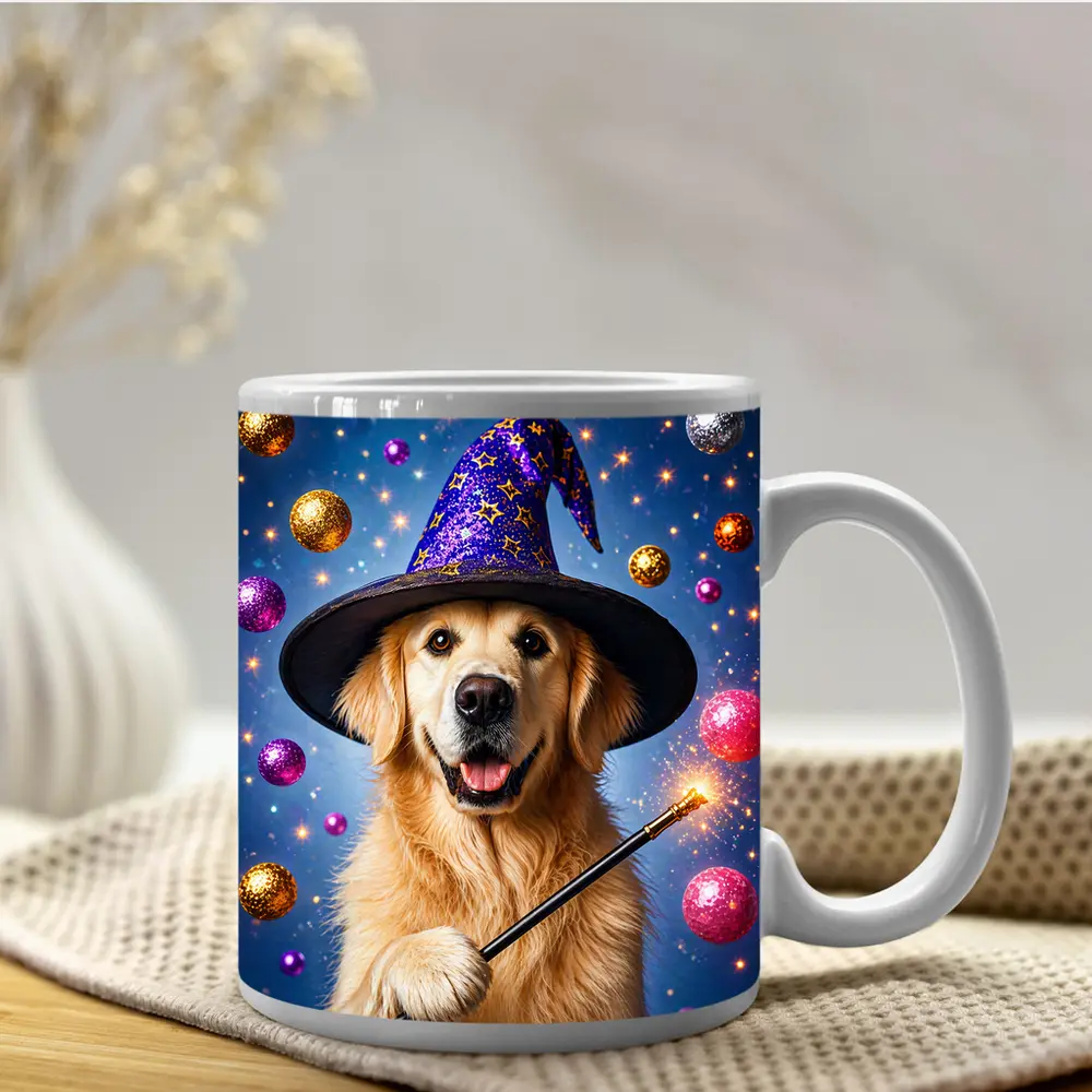Golden Retriever Wizard Hat Magic Wand Blue – Mugs