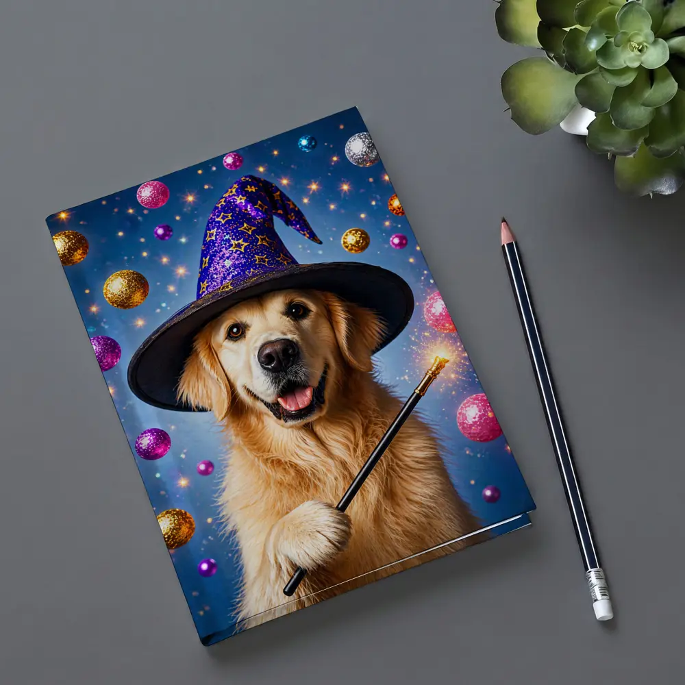 Golden Retriever Wizard Hat Magic Wand Blue – Notebooks