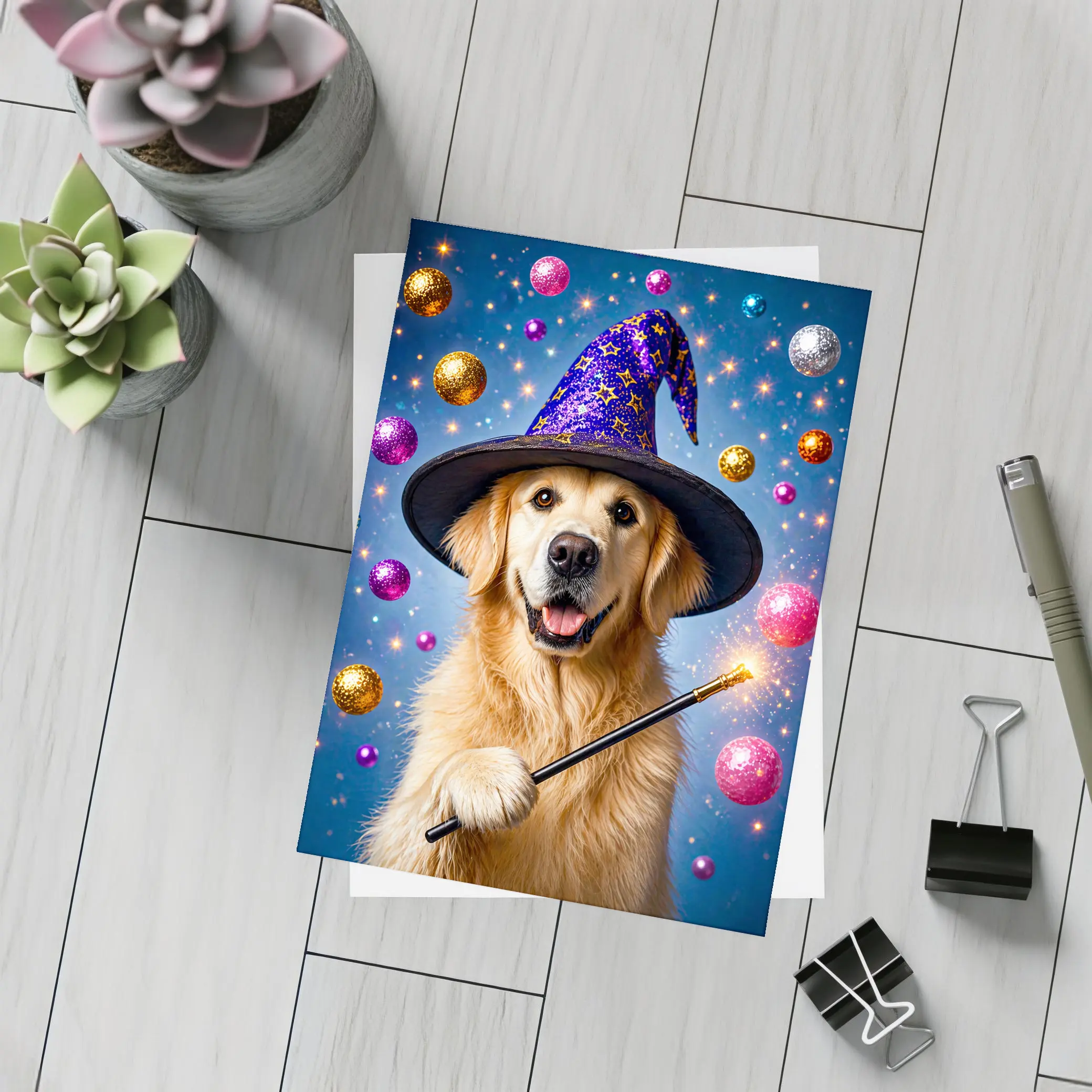 Golden Retriever Wizard Hat Magic Wand Blue – Postcards